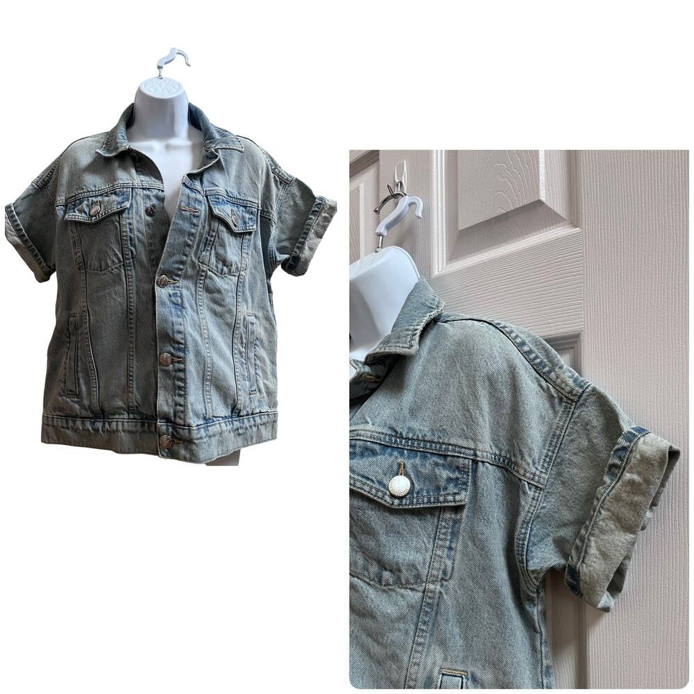 Current Elliot Rolled Short Sleeve Denim Trucker Jacket Oversized Size 0 USA - Picture 3 of 12